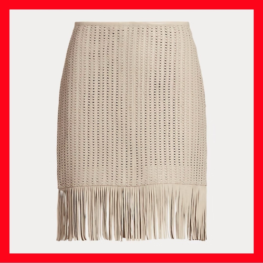 $595 Ralph Lauren Women's Fringe Trim Woven Leather Pencil Skirt Tan Size 6